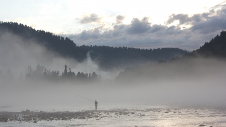 fishing in a magical river in morning fog - river, fisherman, fog, morning, forest, mountain