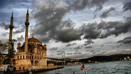 mosque on a bay in istanbul - clouds, city, mosque, bridge, bay