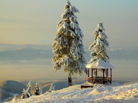 Winter day in mountains - trees, snow, winter, mountains, gazebo