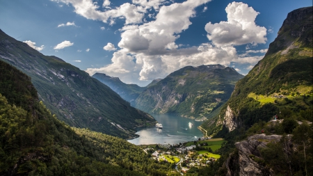 gorgeous view of a fjord - fjord, clouds, town, ships, mountains