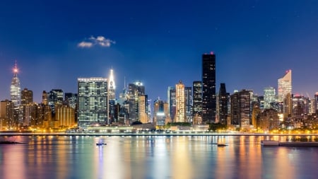 night over midtown manhattan - river, lights, skyscrapers, city, night, reflection