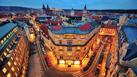 fisheye view of the city of prague - fisheye, light, city, streets, dusk