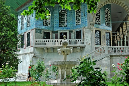 The Revan Kiosk - archtecture, Ottoman Sultans, Turkey, Topkapi, historical, ancient, Revan kiosk, blue white tiles, Istanbul, park