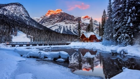 Winter Reflection - lake, mountain, winter, rocks, nature, reflection, mirror, snow, beautiful, frost, cabin, cliffs