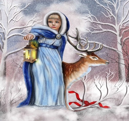 ~The Reindeer Fillet Teetle~ - woman, photomanipulation, greetings, people, fantasy, model, dry trees, reindeer, lantern, digital art, xmas and new year, girl, winter, deer, lovely, christmas, holidays, weird things people wear, snow, beautiful, seasons, dress