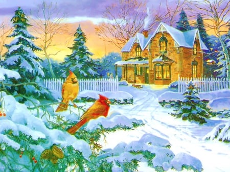 Winter memories - birds, snow, memories, holiday, frost, art, cottage, sky, house, winter, beautiful, tree, christmas, cardinals, lights, painting, cold