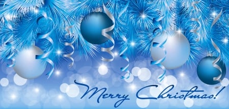 Merry Christmas panorama - branches, wishes, christmas, blue, decoration, holiday, background, panorama, balls, merry, new year