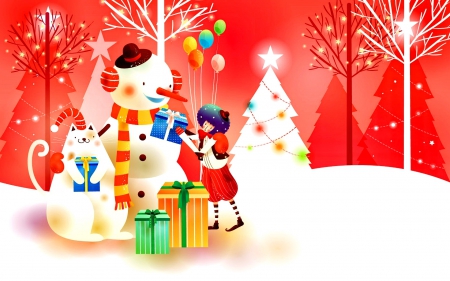 Christmas background - winter, joy, beautiful, snowman, christmas, mood, decoration, holiday, background, balls, gifts, fun, santa, lovely, tree, snow