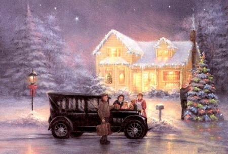 Bring The Family Together - car, snow, family, tree, christmas, lights