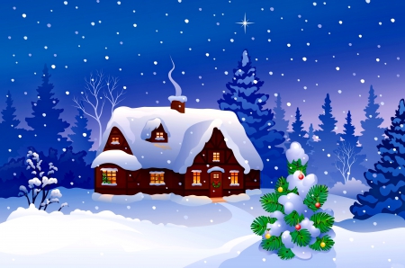 Winter cottage - new year, cottage, sky, magic, quiet, cold, holiday, tree, house, ice, stars, snowfall, winter, snowflakes, serenity, christmas, snow, beautiful, frost, eve, decoration, lights