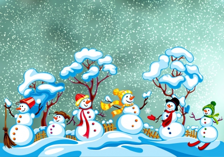 Winter friends - winter, snowflakes, joy, frost, snowmen, christmas, smiling, sky, holiday, friends, fun, snowfall, trees, snow, cold