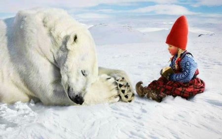 Friends - child, bear, winter, artwork, snow