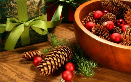 Merry Christmas! - pine cone, ball, christmas, fit, bow, red, globe, green, ribbon, tree