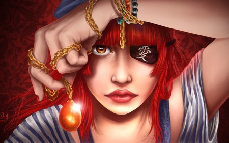 Pirate girl - fantasy, redhead, magic, red, pirate, pendant, girl, orange