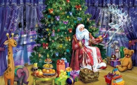 Santa Claus - santa claus, toy, christmas, fir, art, purple, box, yellow, gify, red, pink, green, tree