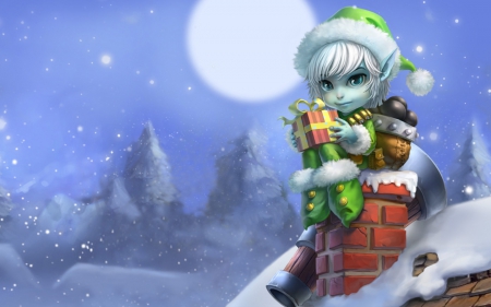 League of Legends - red, game, elf, night, christmas, blue, fantasy, gift, moon, league of legends, green