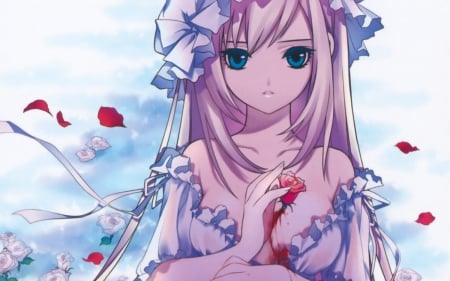 Anime - light purple, blue eyes, anime, rose petals, elegant, lolita