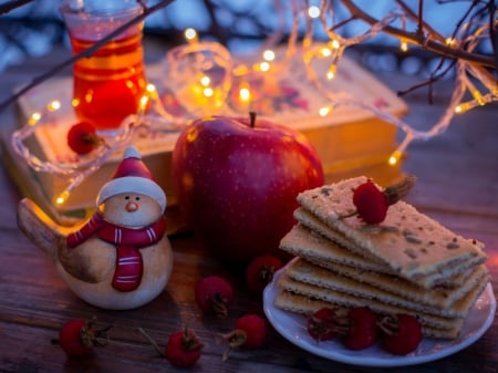 :) - figurines, tea, winter, berries, cookies, garland, holidays, yellow, red, books, apple, lights