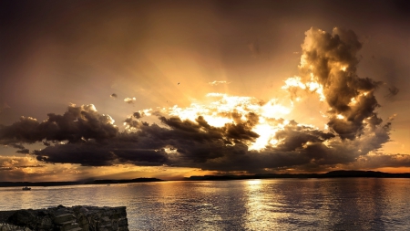 superb sunset - sunset, boats, bay, clouds