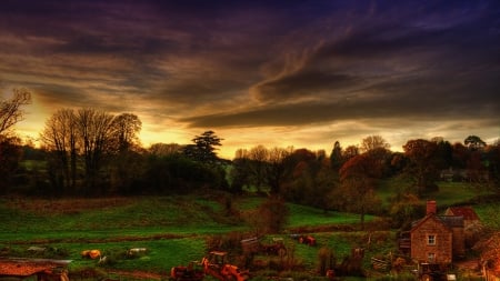 farm at sundown - clouds, trees, sundown, tractors, grass, farm