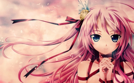 Happy Anime Girl - red ribbon, blue eyes, pink hair, anime, smile, flower pedals, birds