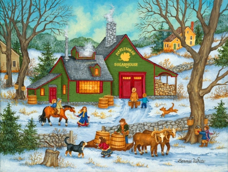 Tapping trees - joy, village, cottages, fun, tree, help, colorful, tapping, winter, animals, slope, peaceful, art, children, house, painting, day, kids, grandfather, snow