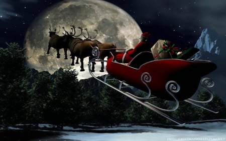 Santa's On His Way - sky, winter, sleigh, santa, moon, reindeer, christmas, snow