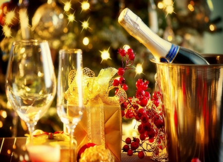 Celebrations - bottle, greetings, photography, xmas and new year, still life, christmas, glasses, seasons, winter holidays, other