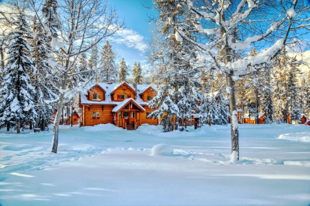 Cottage in Snow - winter, nature, landscape, trees