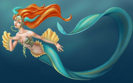 Mermaid - blue, parkyr, girl, sea, orange, fantasy, redhead, mermaid, underwater