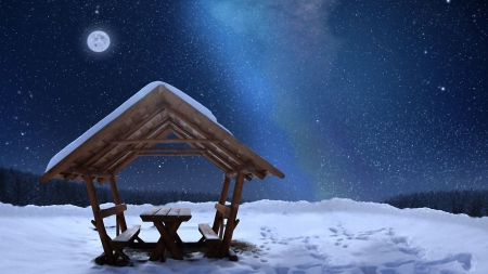 moon in a starry sky over an arbor - arbor, benches, winter, moon, stars