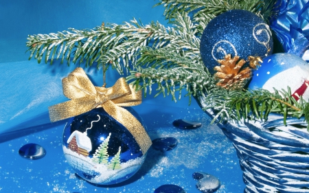 ≈ Christmas Moments♥ ≈ - christmas, basket, winter, blue, decorations, golden, bow