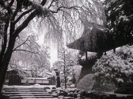 Iida City - winter, nature, japan japanese, garden, snow, temple