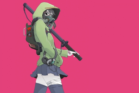 Sukabu - gas mask, anime, anime girl, skirt, sukabu, sword, kanata, cool, pink, bag, pink background, waspon