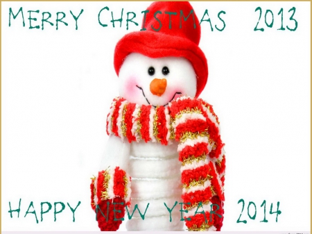 Merry Christmas & Happy New Year - new year, snowman, greetings, hat, red, scarf, christmas, gold