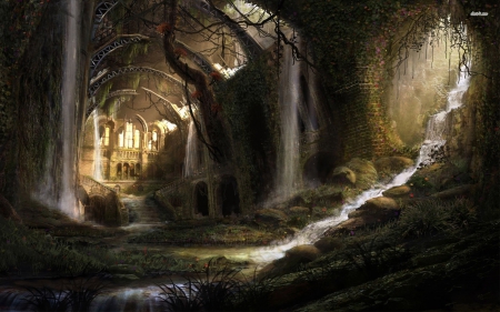 Secret passage to Enchanted Castle - nature, magic, beautiful, enchanted, passage, waterfall, fantasy, tunnel