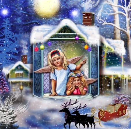 Fantasy - girls, photomanipulation, xmas and new year, model, sleigh, fantasy, decorations, softness beauty, winter, winter holidays, window, weird things people wear, digital art, beautiful girls, angels window, angels, creative pre-made, people, backgrounds, snow