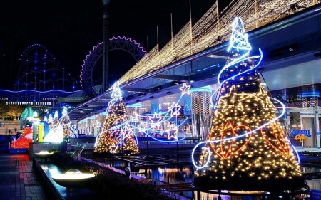 Christmas lights - Christmas, tree, lights, ribbons