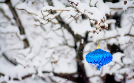 Snowcapped and decorated tree - white, christmas tree, christmas time, season, blue ball, ball, snow winter