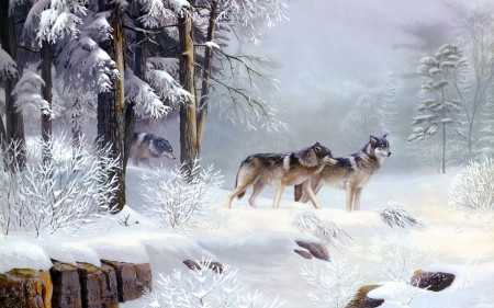 Morning solitude - wolf, painting, art, leo stans, winter, animal, morning solitude