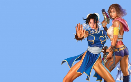 Chun Li - Yuna - illustrations, weapons, chun li, blue background, characters, Street Fighter, Final Fantasy, video games, yuna