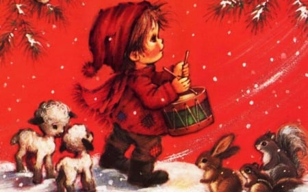 Santa's Little Drummer - drum, sheep, rabbits, artwork, snow, child