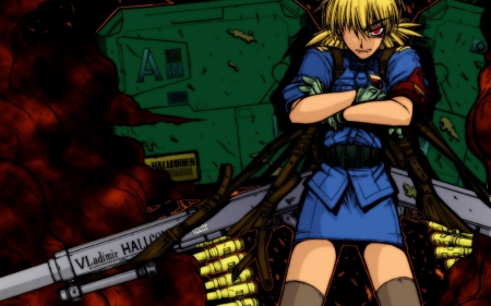 Hellsing Seras Victoria - Seras Victoria, Short Hair, Gun, Cant think of a fourth, Blonde Hair, Blue Clothes, Hellsing organization