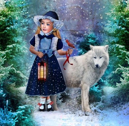 Lafilletteetleloupblanc - photomanipulation, girls, fantasy, wreid things people wear, creative pre-made, wolves, lantern, digital art, cardinal, birds, xmas and new year, girl, winter, christmas, wolf, love four seasons, holidays, abstract, snow, colors, white wolf