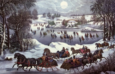 Going To The River - ice, horses, moon, people, skating, sleighs