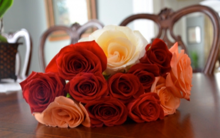 âœ¿ - red roses, home, bouquet, table, orange, white one