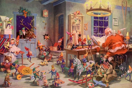 Santa Getting Ready - christmas, santa, elves, cats, toys