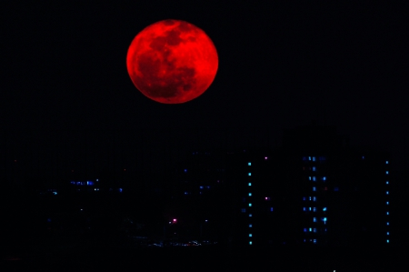 RED MOON - moon, red, city, full mon, lights