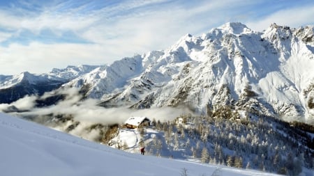 skiing down  to a snow covered valley - trees, winter, fog, lodge, skiing, mountains, valley