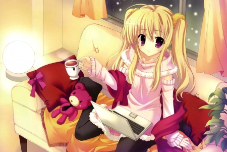 Anime - hot chocolate, anime, pillows, snow, teddy bear, blonde hair, laptop, pink